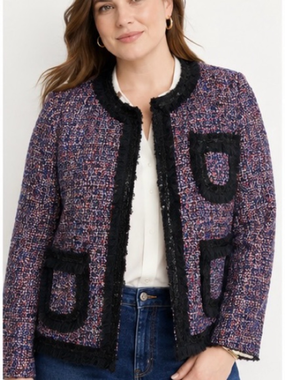 J. Crew Purple Tweed Fringe-Trim Blazer